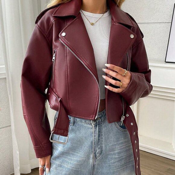 Burgundy Casual Women's Minimalist Zipper Short Jacket - Picture 2 of 6